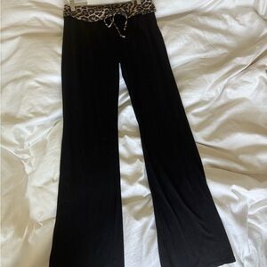Black Wide-Leg Pants with Leopard Waistband